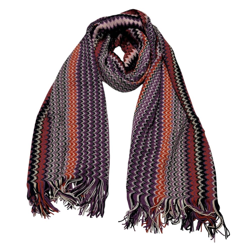 12-47 MISSONI Scarf Zigzag Print Wool Acrylic Orange/Purple 80"Hx16"W